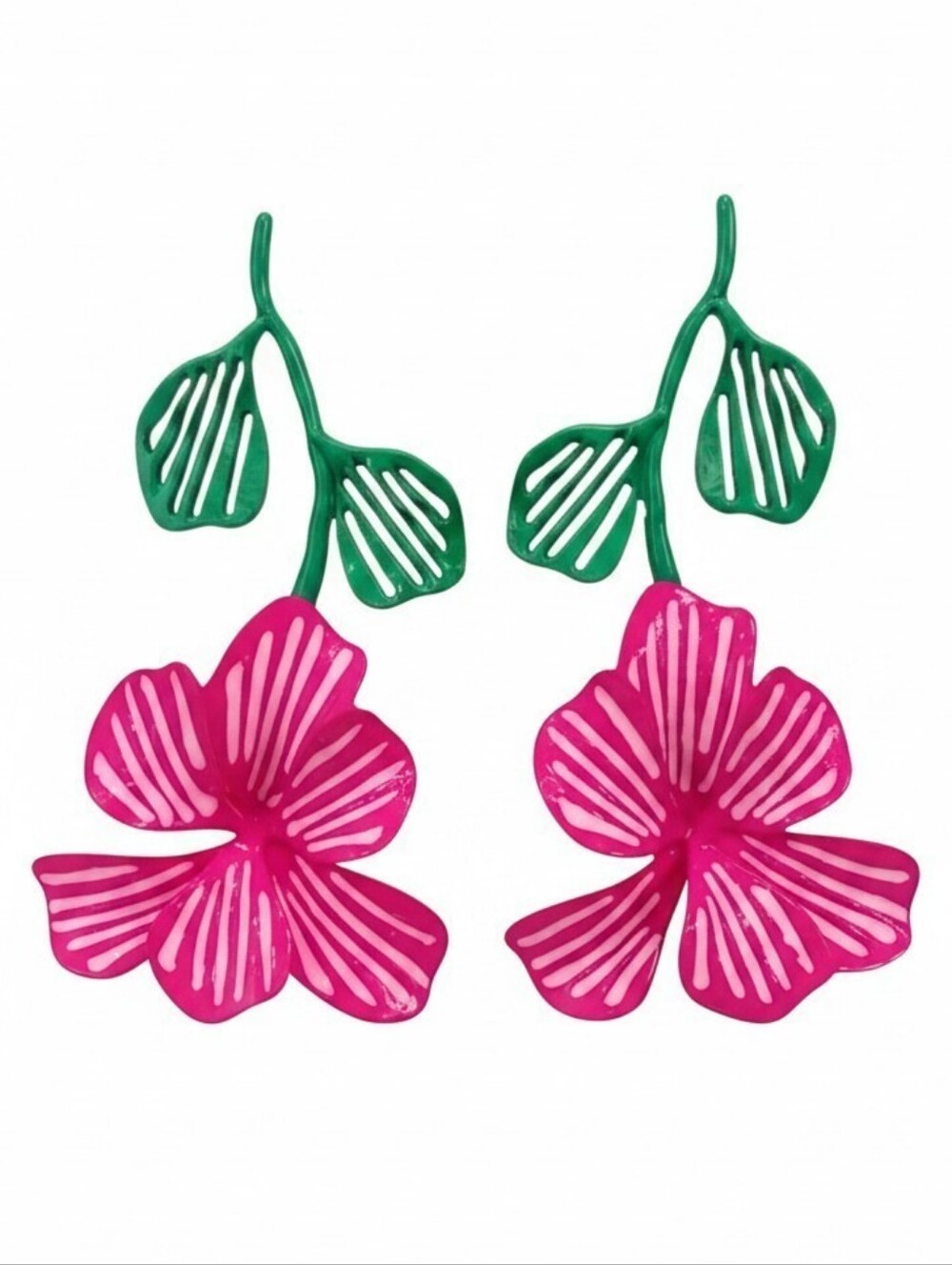 🌸▪️piper k▪️ Hand Painted Pink Flower Drop Earrings with Green Leaves